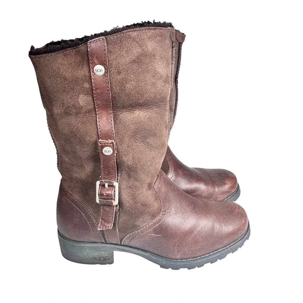 UGG Bellevue Sheepskin Foldover Boots Brown Leather Suede Shearling Buckle Sz‎ 8
